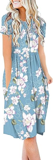 Women Summer Casual Short Sleeve Dresses Empire Waist Dress with Pockets