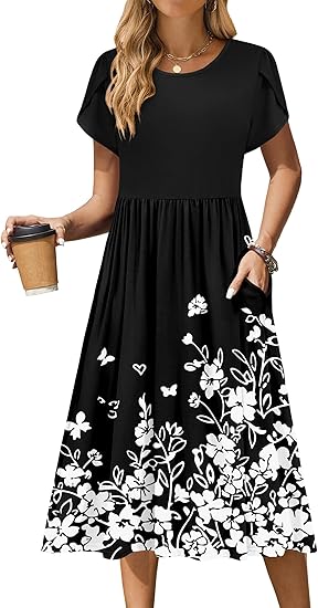 Women Summer Short Sleeve Midi Dress with Pockets Casual Aline Flowy Tshirt Dress Floral Vocation Beach Sundress