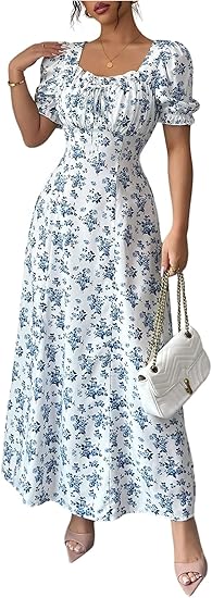 Women's Floral Short Puff Sleeve Milkmaid Dress Boho A Line Long Dresses